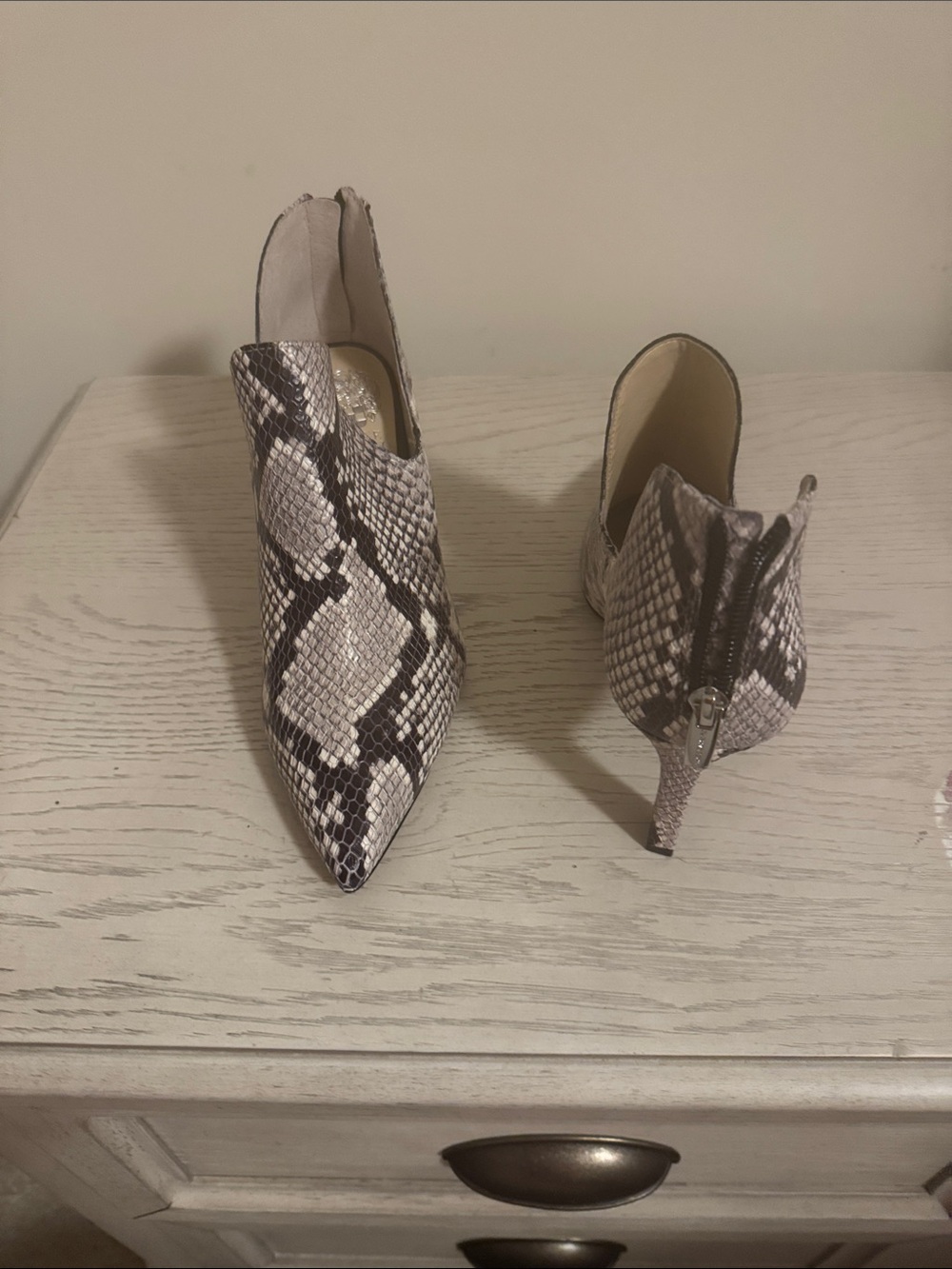 Vince Camuto Snake Print Pointed Toe Ankle Booties in Black and White